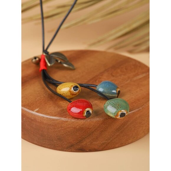 Vintage Bohemian Leaf Charm Colorful Ceramic Bead Long Y Necklace, Boho Jewelry - Picture 3 of 7